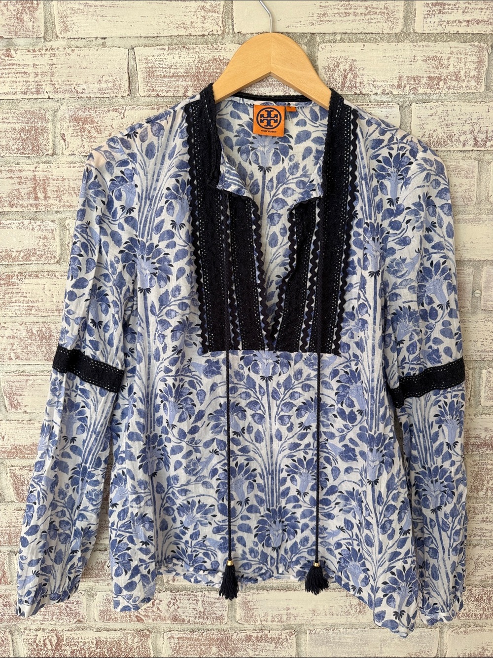 Tory Burch Blue and White Floral Lace-Trim Tunic